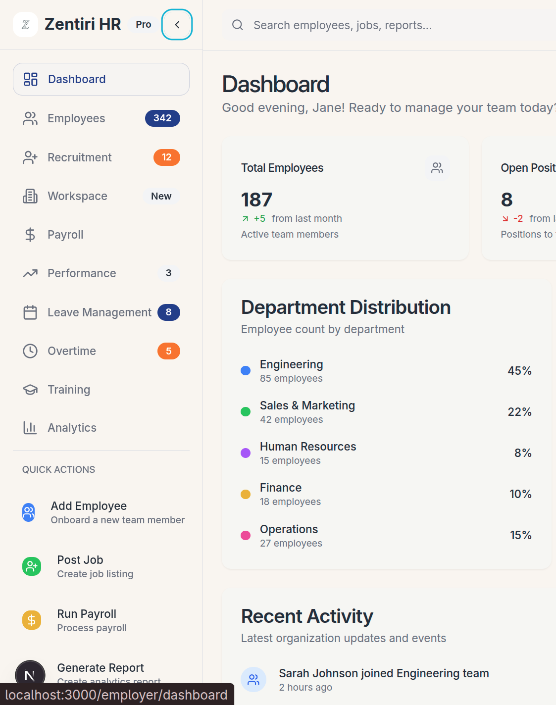 Zentiri HR platform dashboard showing analytics and employee engagement metrics