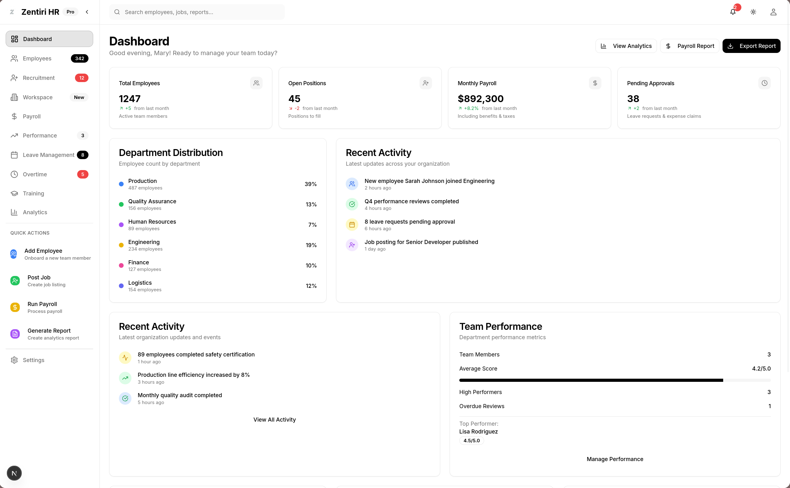 Zentiri HR platform dashboard showing analytics and employee engagement metrics